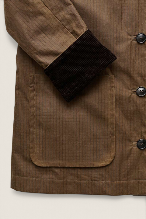 Bolina Jamie oilskin jacket in bark brown ripstop cotton with a corduroy cuff and large front pocket