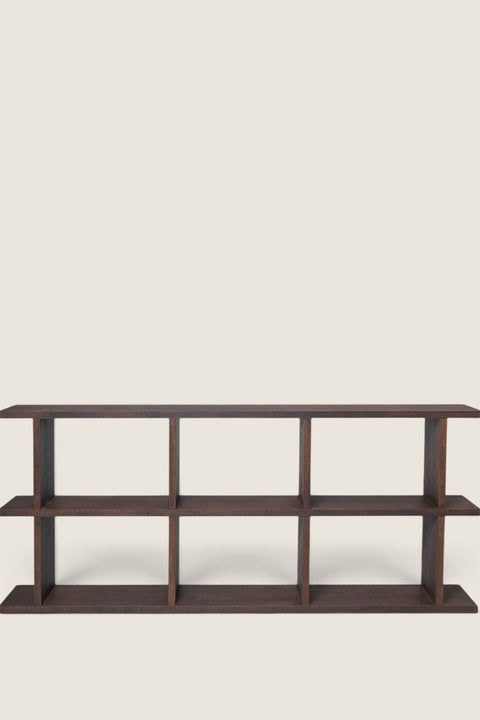 Bolina Kona 3x2 bookshelf in dark stained oak with a minimalist Japandi design and clean geometric lines.