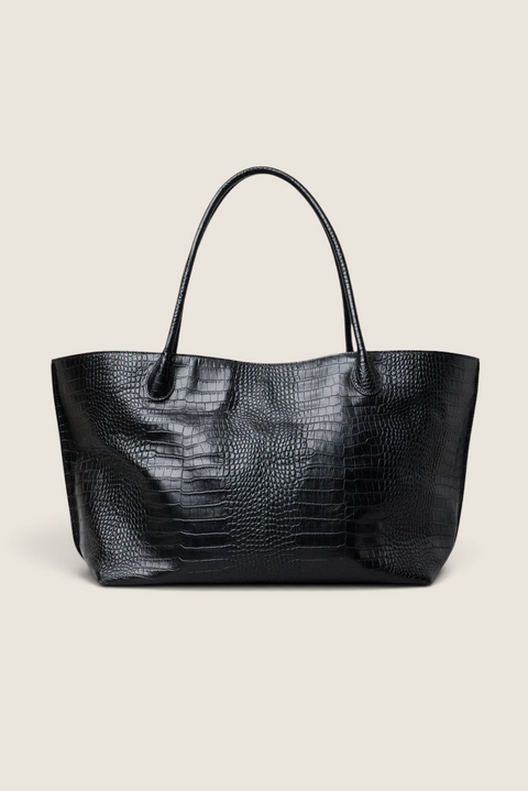 Bolina LIÉ STUDIO Eva weekend tote in black leather with a croc-embossed texture and long shoulder straps.