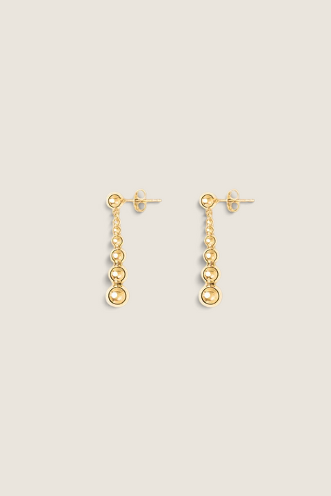 Bolina LIÉ STUDIO The Rebecca gold drop earrings featuring a delicate chain with polished spheres of varying sizes.
