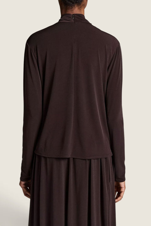 Bolina long-sleeve draped cowl neck blouse in smoked truffle brown, shown from the back on a model.
