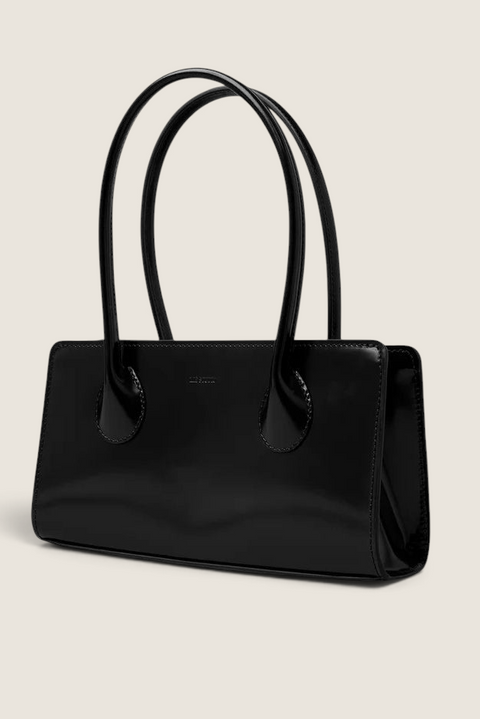 Bolina Lou black patent leather shoulder bag with a slim rectangular shape and glossy finish.