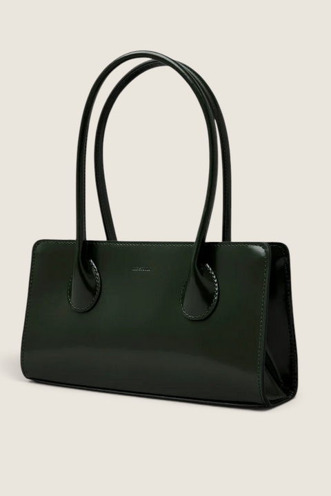 Bolina Lou patent leather shoulder bag in olive green with a sleek, rectangular silhouette and long handles.