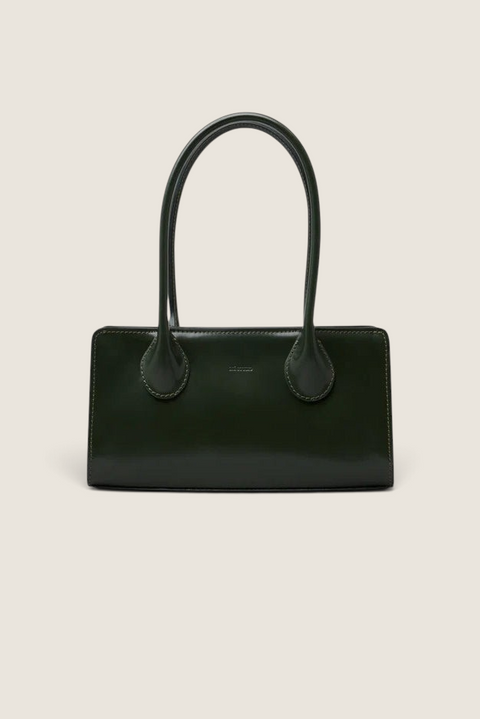 Bolina Lou patent leather shoulder bag in olive green with a sleek, elongated rectangular silhouette.