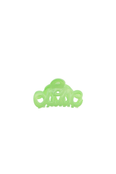 Bolina lime green plastic hair claw shaped like the word Love, 5cm