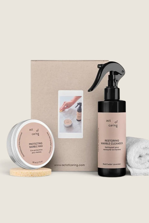 Bolina Act of Caring marble and stone care kit with cleanser, protective wax, natural sponge, and cotton cloth.