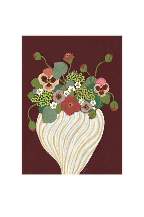 Bolina Maroon art print featuring a bouquet of pansies and poppies in a striped vase against a dark maroon background.