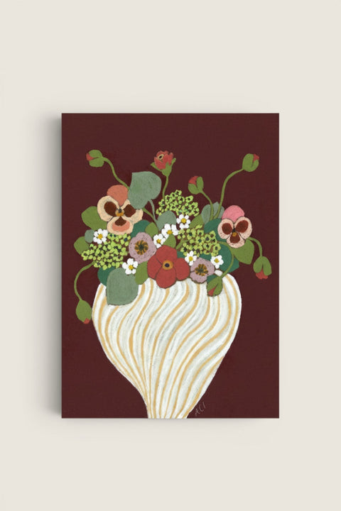 Bolina Maroon art print featuring a bouquet of pansies and poppies in a striped vase against a dark maroon background.