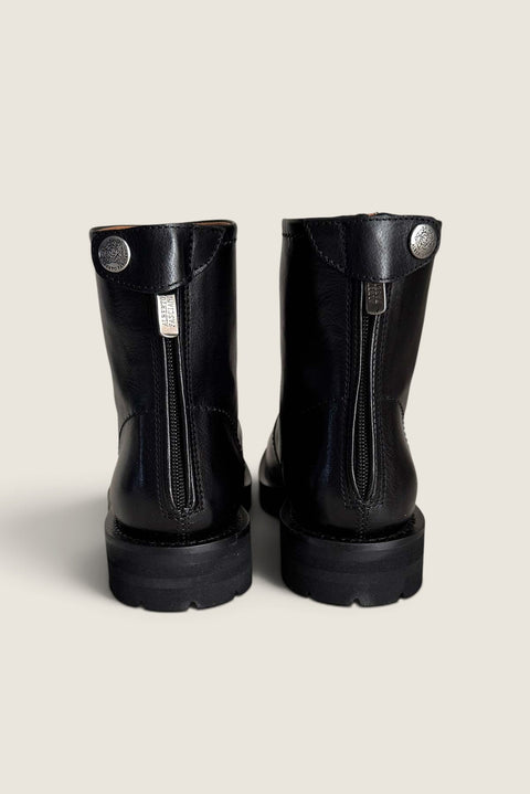 Bolina Megan short black leather boots with back zipper closure and branded button detail