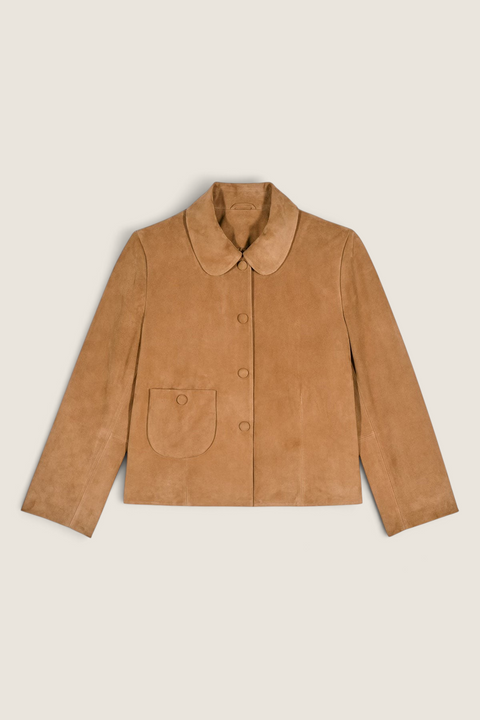 Bolina Milas camel suede jacket with a rounded collar, front snap buttons, and a chest pocket.