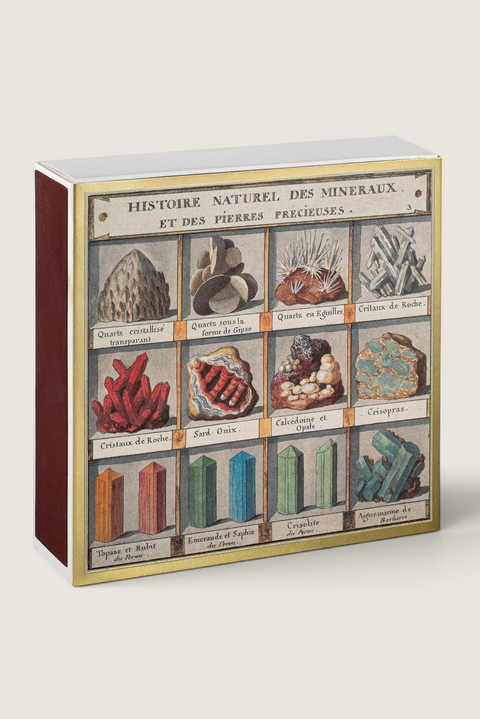 Bolina matchbox featuring vintage-style illustrations of various minerals and gemstones in earthy tones