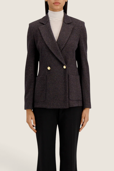 Bolina double-breasted moleskin blazer in salt and pepper pattern with shoulder pads and gold buttons