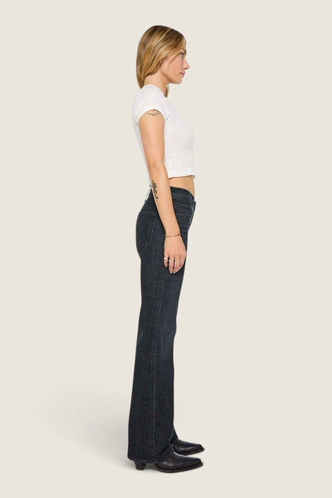Bolina MOTHER The Reifler Starry-Eyed black jeans with a relaxed straight leg fit and mid-rise waist, side view.