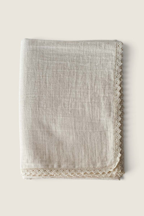 Bolina natural cotton tablecloth with decorative Portuguese pointelle lace trim and subtle grid texture