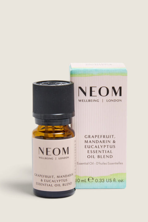 Bolina Neom 10ml essential oil blend with grapefruit, mandarin, and eucalyptus in a glass bottle with matching box.