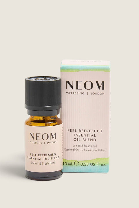 Bolina Neom Feel Refreshed 10ml essential oil blend with lemon and basil in a glass bottle and matching box