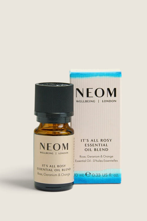 Bolina NEOM It’s All Rosy essential oil blend in a 10ml amber glass bottle with its matching floral-scented box.