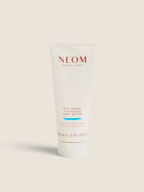 Bolina Neom Real Luxury magnesium body butter in a 200ml white squeeze tube with jasmine, lavender and sandalwood.