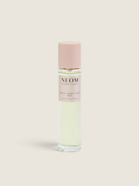 Bolina Neom Perfect Night's Sleep pillow mist in a 30ml glass bottle with a soft pink cap for relaxation.
