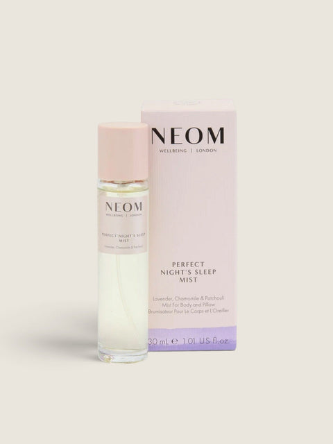 Bolina Neom Perfect Night's Sleep pillow mist in a 30ml glass bottle with a pale pink cap and matching product box.