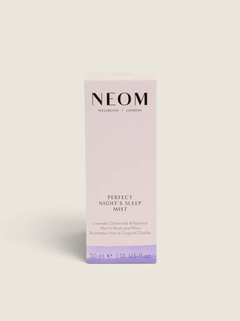 Bolina Neom Perfect Night's Sleep pillow mist in a light pink 30ml bottle with lavender, chamomile, and patchouli.