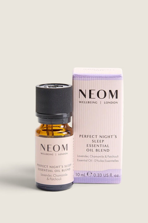 Bolina Neom Perfect Night's Sleep essential oil blend in a 10ml amber glass bottle with its matching lavender box.
