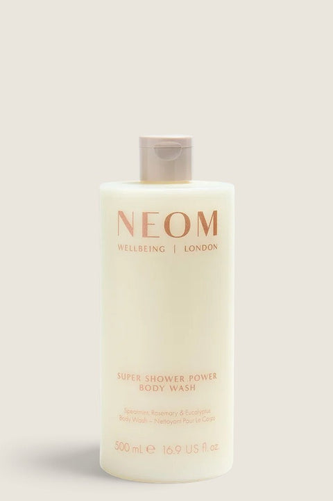 Bolina Neom Super Shower Power body wash in a 500ml recycled bottle with spearmint, rosemary, and eucalyptus scent.