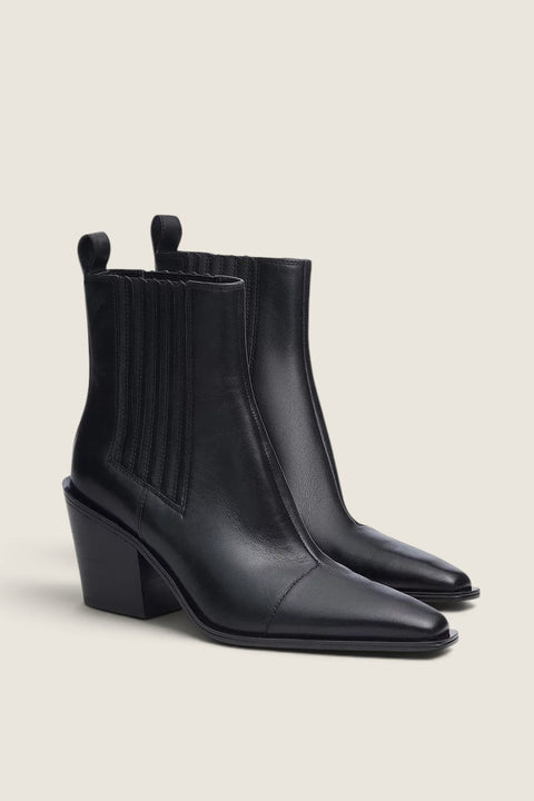 Bolina black leather Newbury Chelsea boots with a high block heel, square toe, and western-inspired design.