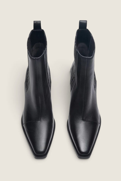 Bolina black leather Newbury Chelsea boots with a high heel, square toe, and elastic side panels, top-down view.