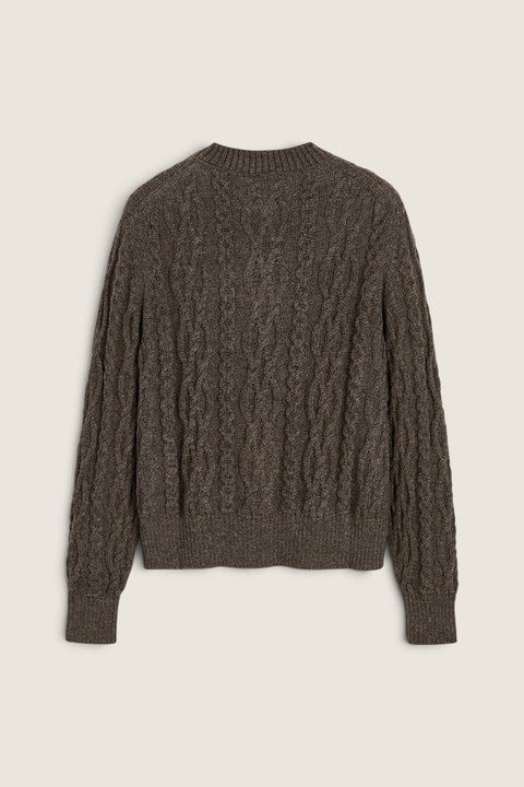 Bolina Pala cardigan in smokey brown with intricate cable knit texture, round neck, and ribbed trim, back view.