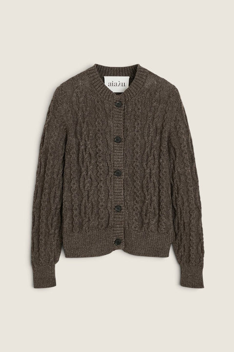 Bolina Pala cardigan in smokey brown with cable knit texture, round neck, and dark horn buttons.