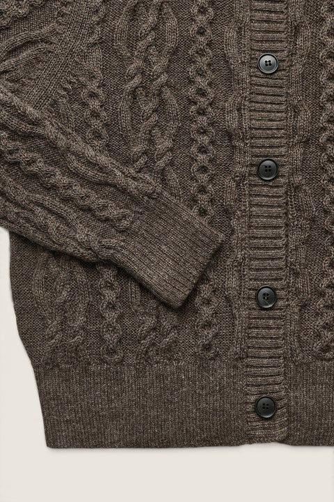 Bolina Pala cardigan in smokey brown with cable knit texture, round neck, and dark horn buttons.