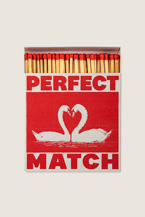 Bolina letterpress matchbox featuring two swans forming a heart with Perfect Match text in red