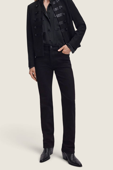 Bolina Rag & Bone Sutton black mid-rise slim cigarette jeans worn with a black jacket and leather boots.