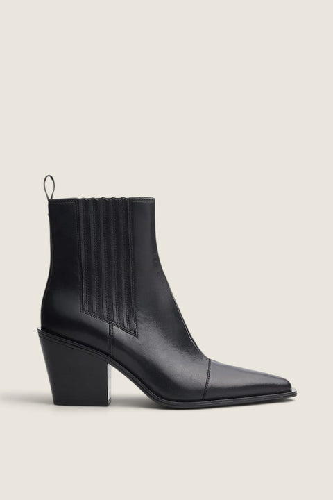Bolina Rag & Bone black leather Newbury Chelsea boots with a high block heel, square toe, and western-inspired design.