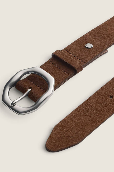 Bolina Rag & Bone Audrey dark sand suede belt with a geometric silver metal buckle and pointed tip.