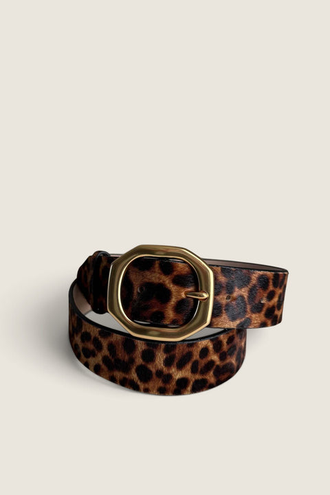Bolina Rag & Bone Audrey leopard print calf hair belt with a gold-toned geometric buckle.