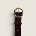 Bolina Rag & Bone Audrey leopard print calf hair belt with a gold geometric buckle and pointed tip.