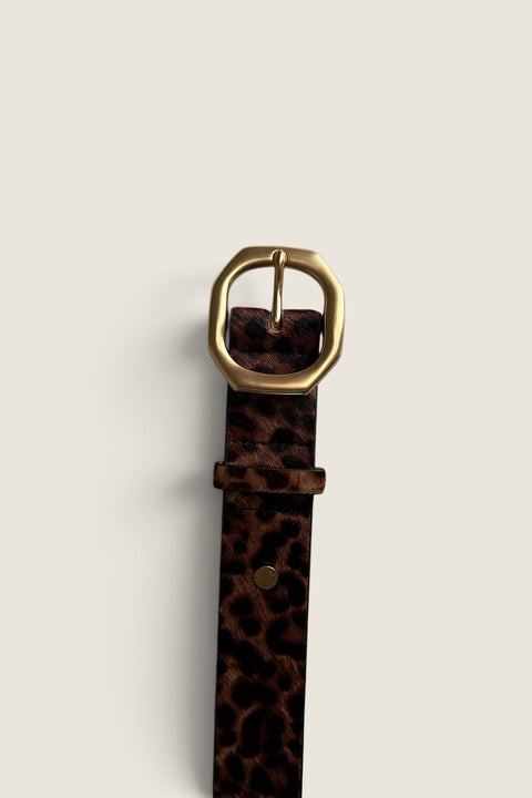 Bolina Rag & Bone Audrey leopard print calf hair belt with a gold geometric buckle and pointed tip.
