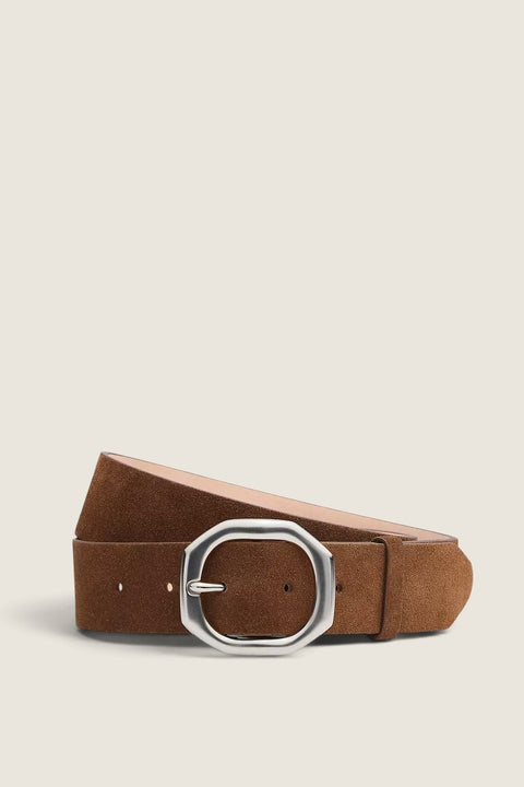 Bolina Rag & Bone Audrey dark sand suede belt with a geometric silver-tone metal buckle and pointed tip.