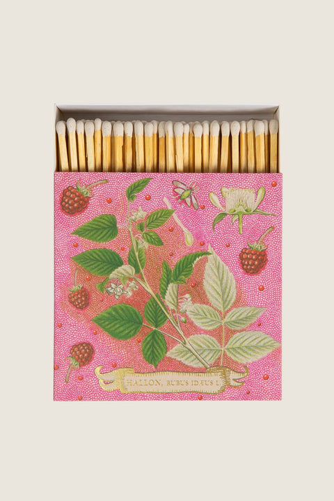 Bolina Rose Framboise matchbox with raspberry illustration and gold foil details. Contains 125 matches.