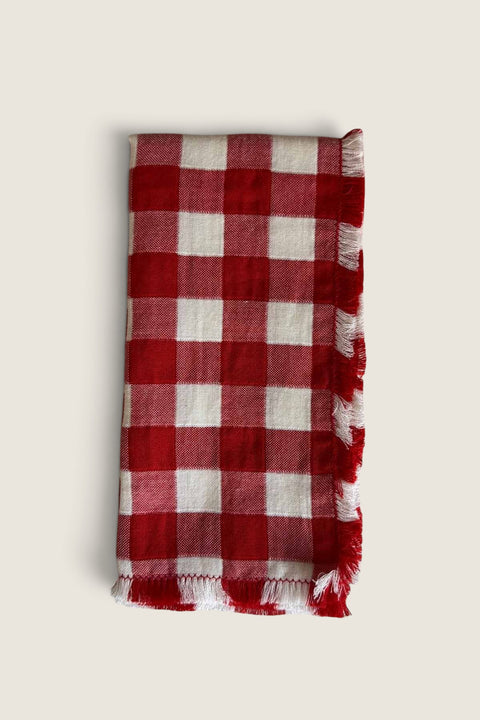 Bolina red and white checkered cotton napkin with frayed edges for a classic table setting