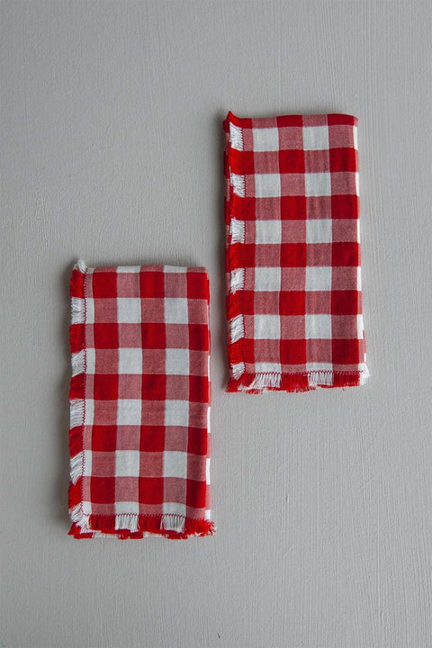 Bolina red and white checkered cotton napkins with frayed edges for a classic table setting