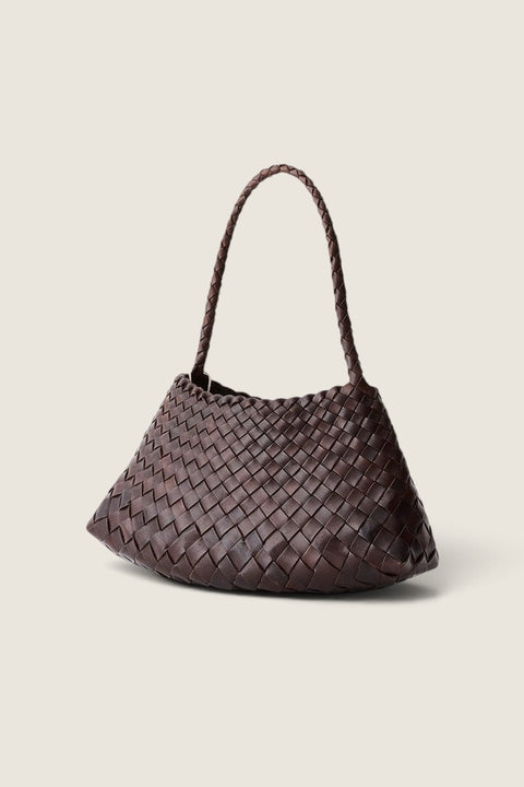 Bolina Rosanna dark brown woven leather handbag with a tapered silhouette and braided shoulder strap