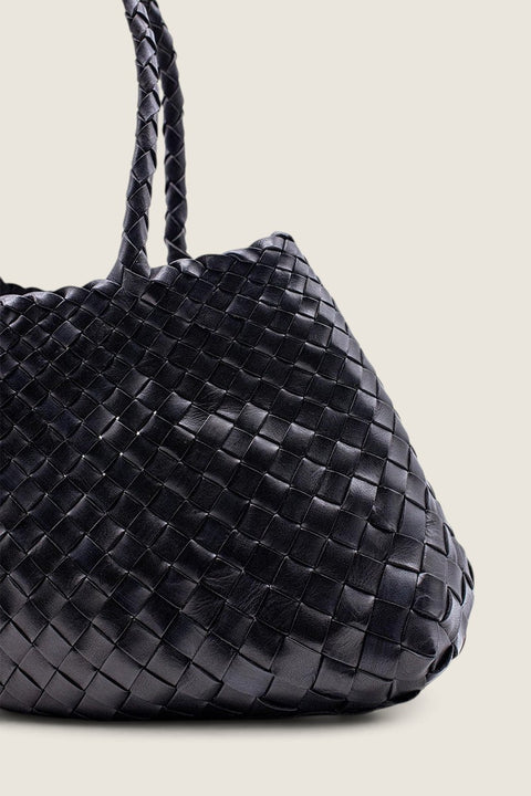 Bolina Santa Croce Big black hand-woven leather tote bag with intricate basket weave pattern and slim handles.