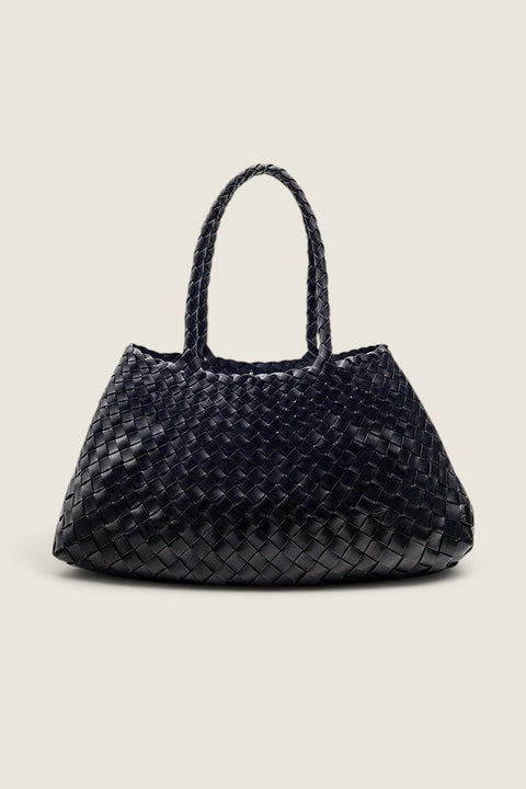 Bolina Santa Croce Big black hand-woven leather tote bag with a classic basket weave design and two top handles.
