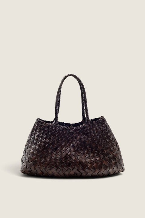 Bolina Santa Croce large dark brown woven leather tote bag with an open top and braided handles.