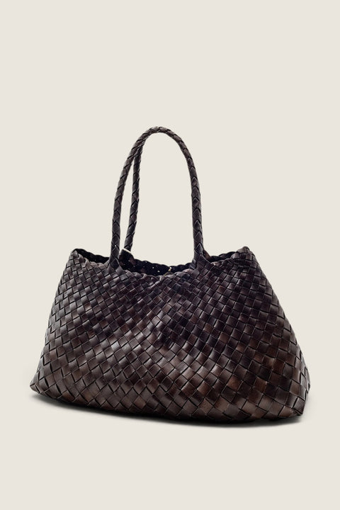 Bolina Santa Croce Big dark brown woven leather tote bag with an open top and braided handles.