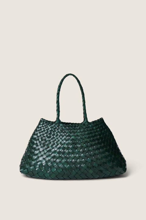 Bolina Santa Croce forest green woven leather tote bag with braided handles and an open top design.