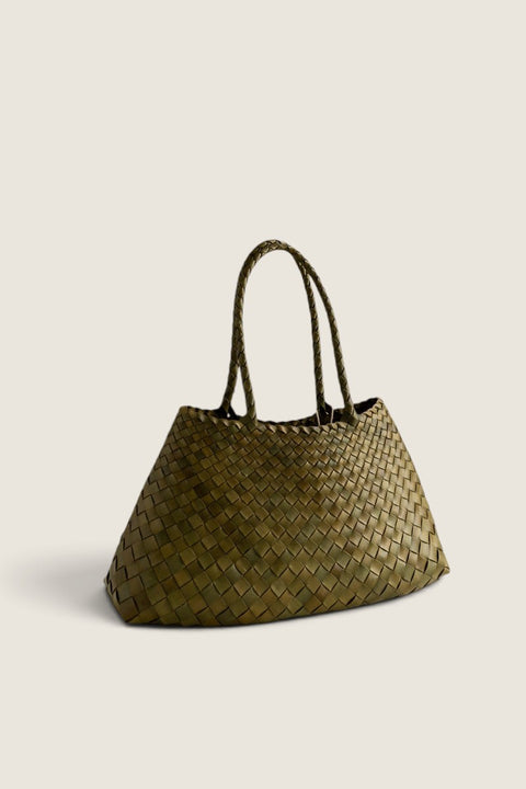 Bolina Santa Croce Big khaki hand-woven leather tote bag with a spacious open-top design and braided handles.